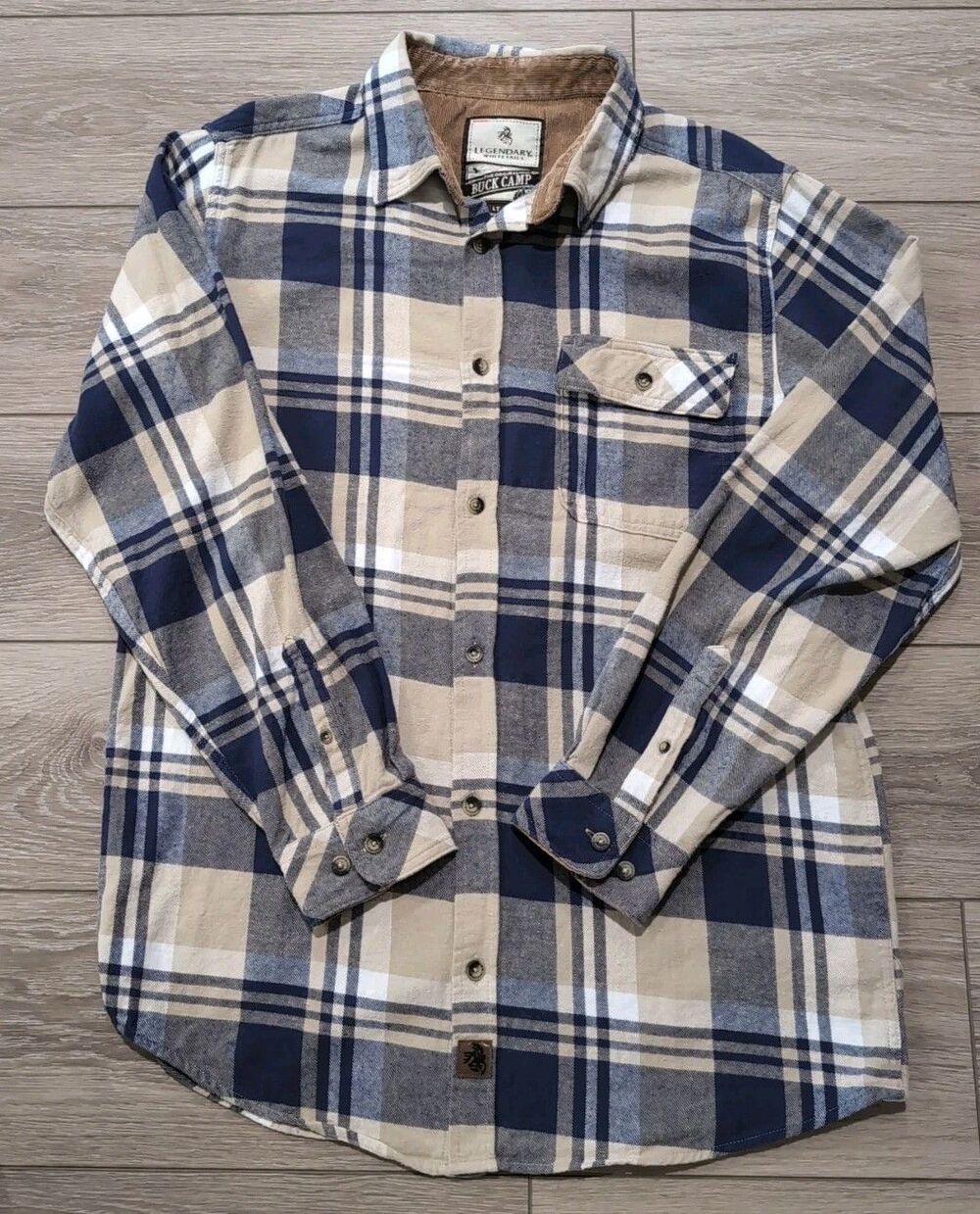 LEGENDARY WHITETAILS BUCK CAMP MEN'S Size LT Flannel Shirt BLUE/TAN PLAID EUC